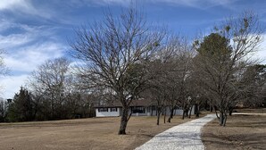 Un sentiero sterrato conduce a un edificio con facciata bianca, circondato da alberi spogli e un cielo sereno.
