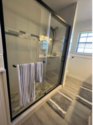 Hair dryer, towels, soap, shampoo