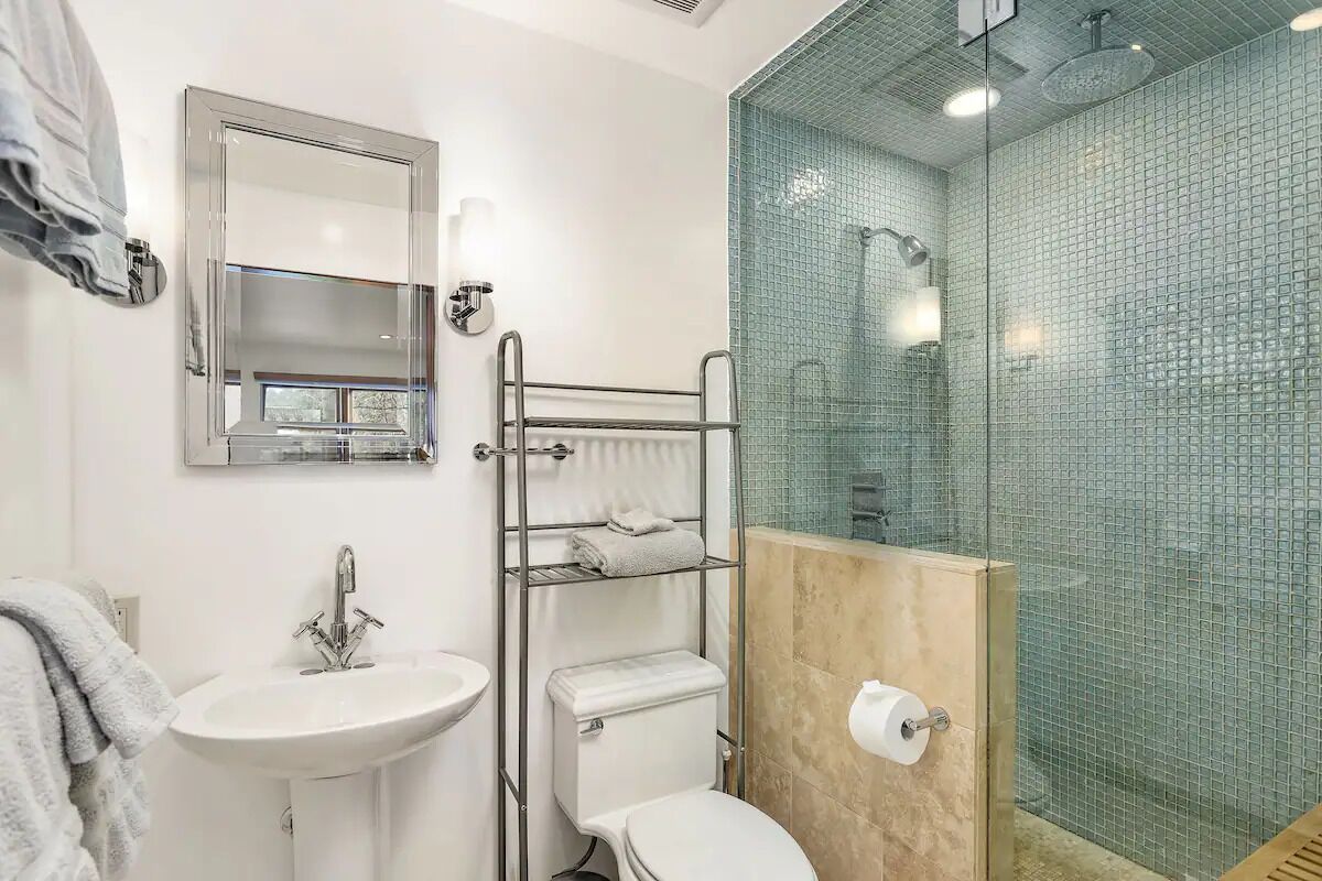 A bathroom with a white sink, a toilet, a glass shower enclosure, and a towel rack.