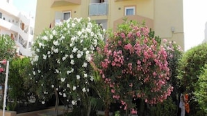 Un edificio de varios pisos con balcones y un jardín con plantas florecientes de color blanco y rosa.