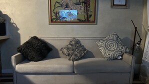 Un soggiorno con un divano, due cuscini decorati, un quadro incorniciato di una zebra e una lampada.