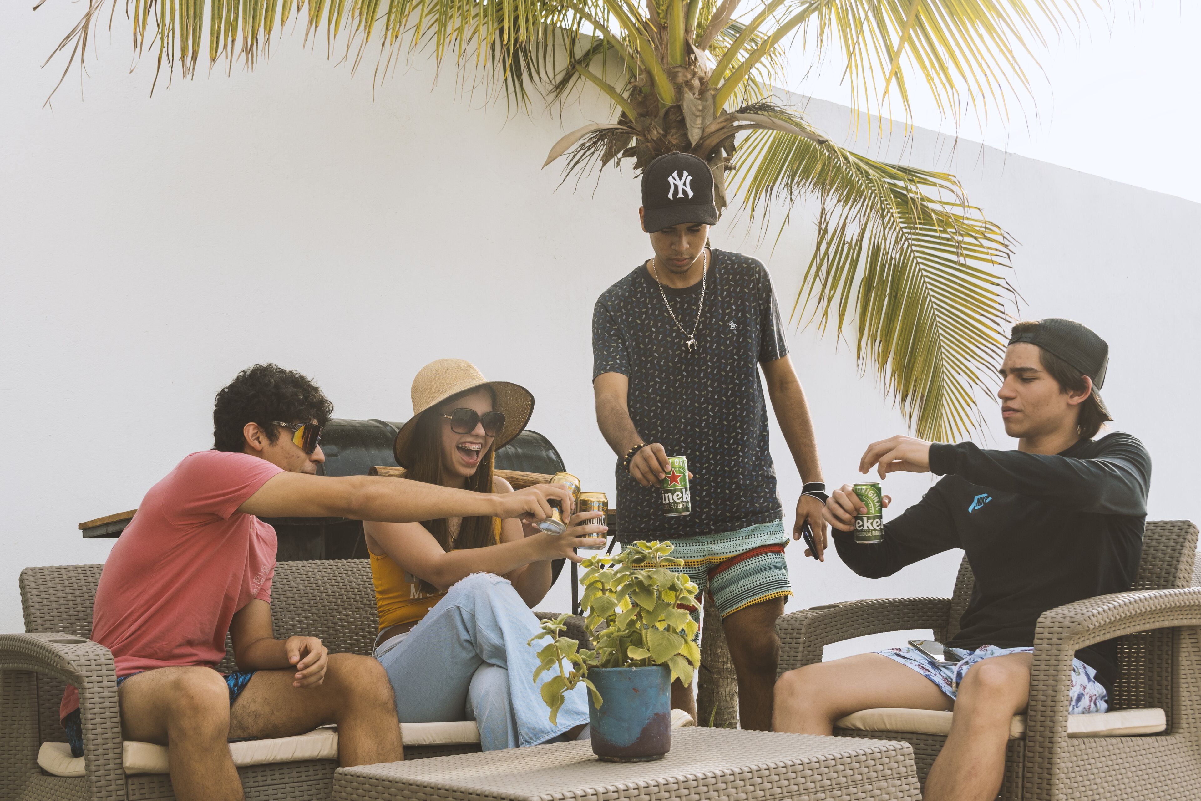 Un grupo de personas sentadas en muebles de mimbre al aire libre, con una palmera y una planta en maceta al fondo.