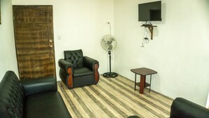 Ein Wohnzimmer mit einer Couch, einem Sessel, einem kleinen Tisch, einem Standventilator und einem an der Wand befestigten Fernseher.