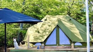 A green tent with a blue interior, a small table, and a sign that reads "SLEEP HERE". - Glamping Lakefront Island Retreat w/ Kayak & Pet-Friendly (Monmouth)