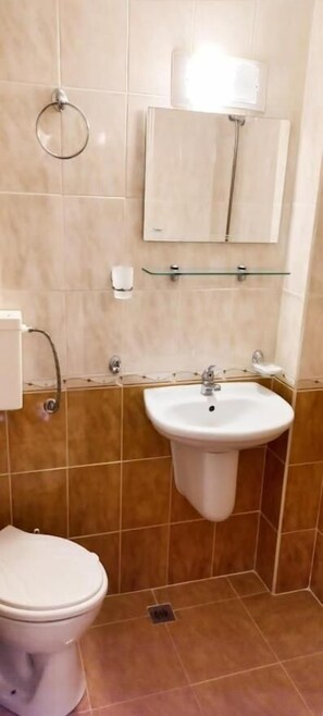 Une salle de bain avec des toilettes, un lavabo et un miroir.