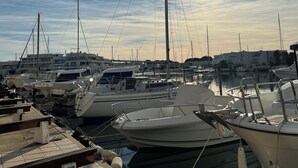 A marina with multiple boats docked, a clear sky, and the sun visible.