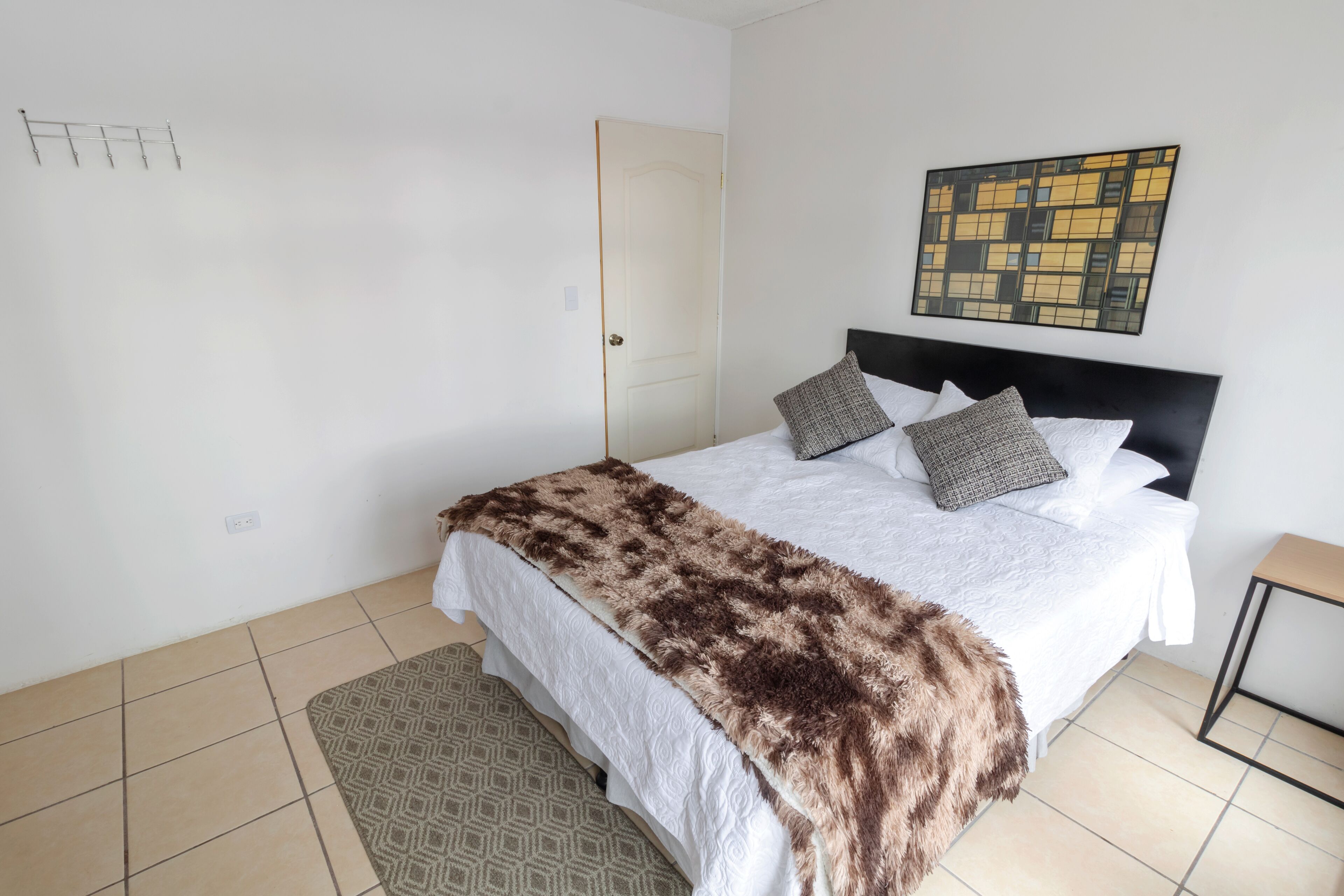 Een slaapkamer met een bed, een deur, een aan de muur hangend kunstwerk en een kamerkleed met patroon.