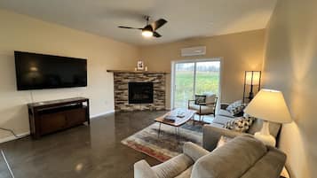 Smart TV, fireplace, DVD player, books