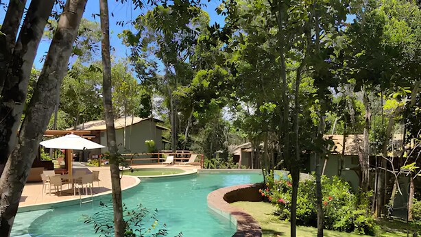 A swimming pool with a curved edge, surrounded by trees and a patio area with outdoor furniture.