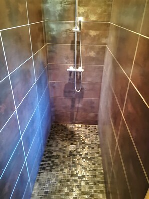 Douche, sèche-cheveux, serviettes fournies, savon