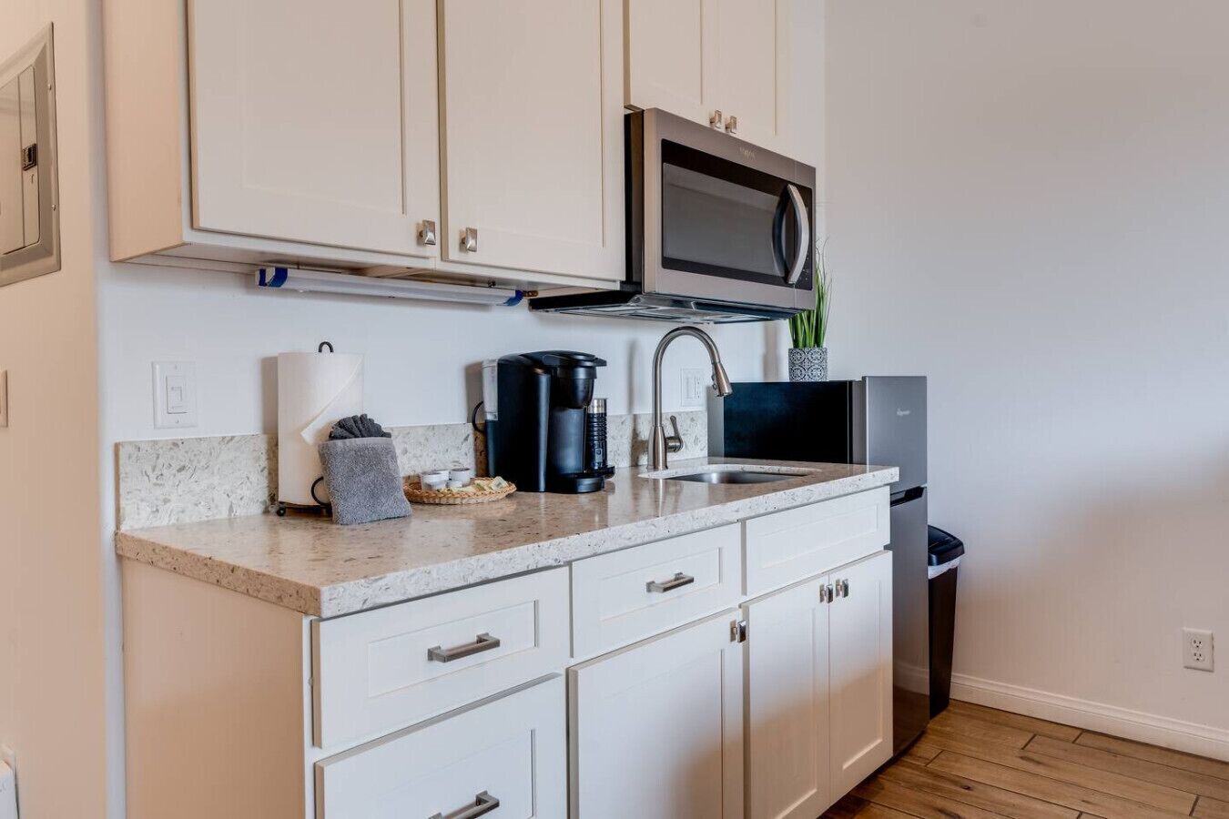 Frigorífico, microondas, horno y placa de cocina