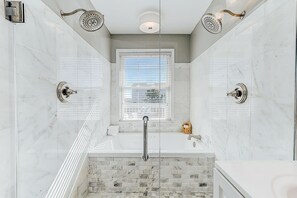 Shower, jetted tub, hair dryer, towels