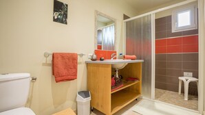 Un baño con inodoro, lavamanos y ducha.