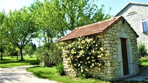 Un edificio de piedra con una entrada pequeña y tejado de tejas rojas, rodeado de vegetación y árboles.