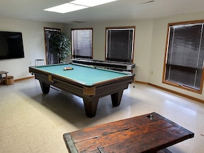 Relax in this inviting space with a pool table, TV, and potted plant.