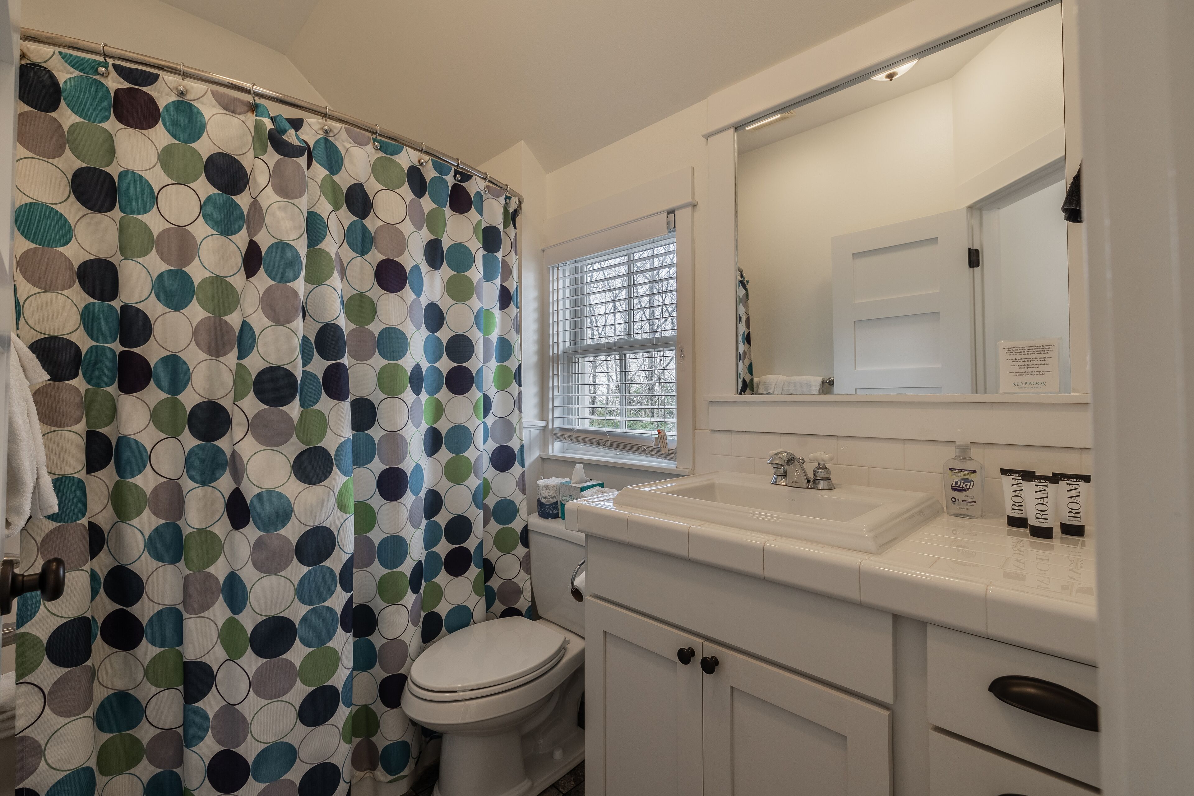 A bathroom with a toilet, a sink, and a shower curtain with a polka dot pattern.