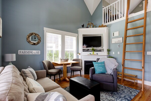 Televisión, chimenea, reproductor de DVD, libros