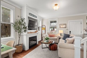 Smart TV, fireplace, video games, DVD player