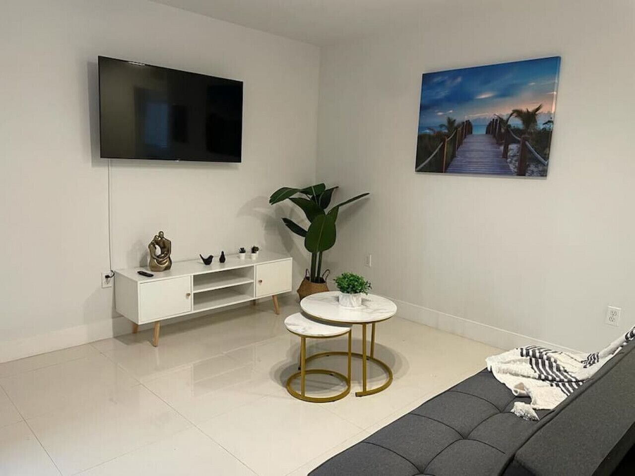 A modern living room with a flat-screen TV, a white console table, a round coffee table, a grey sofa, a large potted plant, and a framed picture on the wall.