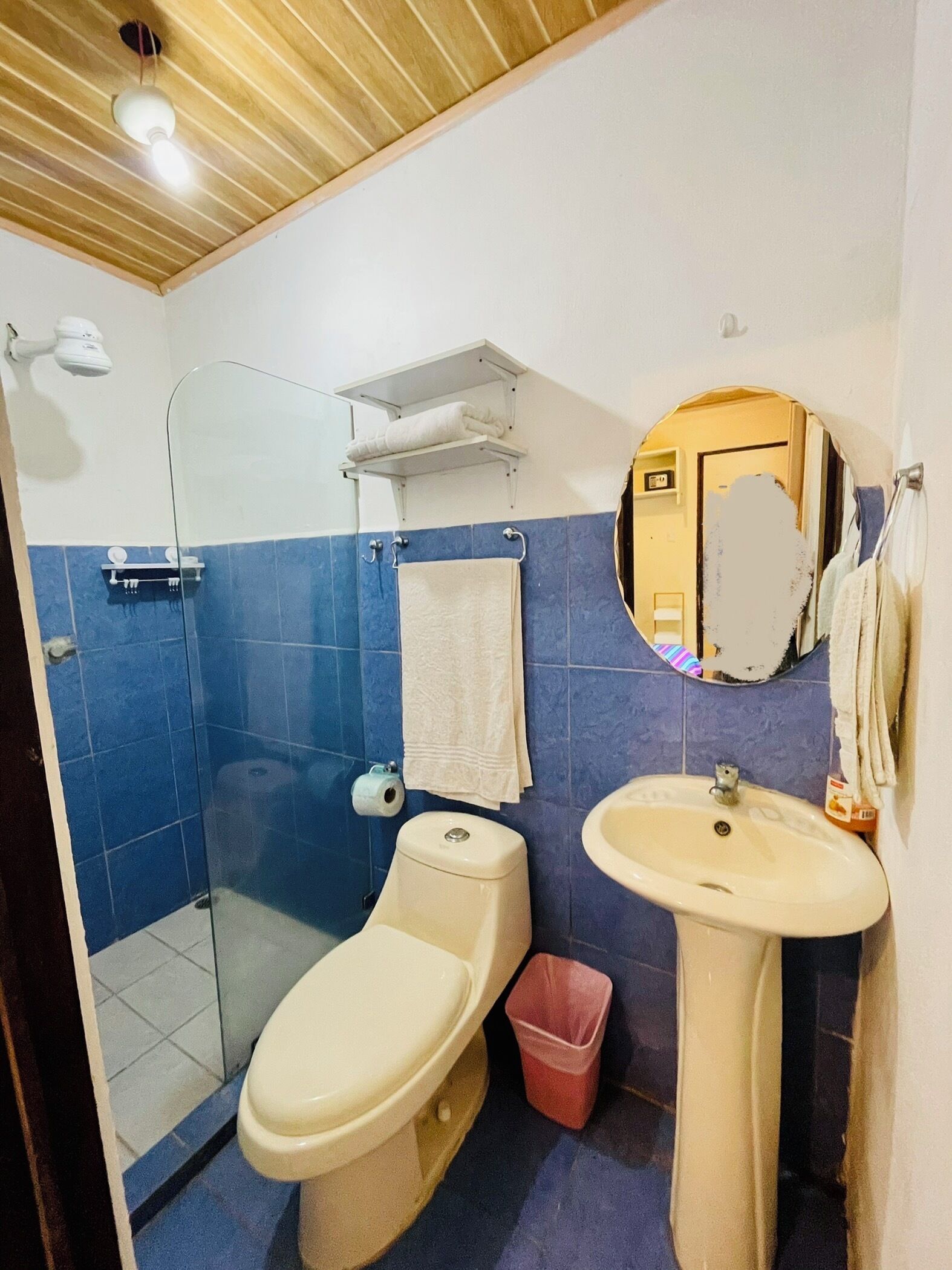 Shower, towels, soap, toilet paper