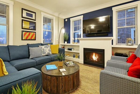 Smart TV, fireplace, books