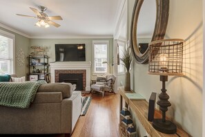 Smart TV, fireplace, DVD player, foosball
