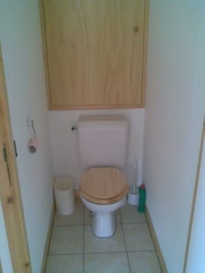 A small bathroom with a toilet, a wooden cabinet above it, a trash bin, and a green bottle. - Ski in/out Studio, sleeps 2/3 (Courchevel)