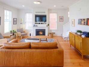 Smart TV, fireplace, video games, DVD player