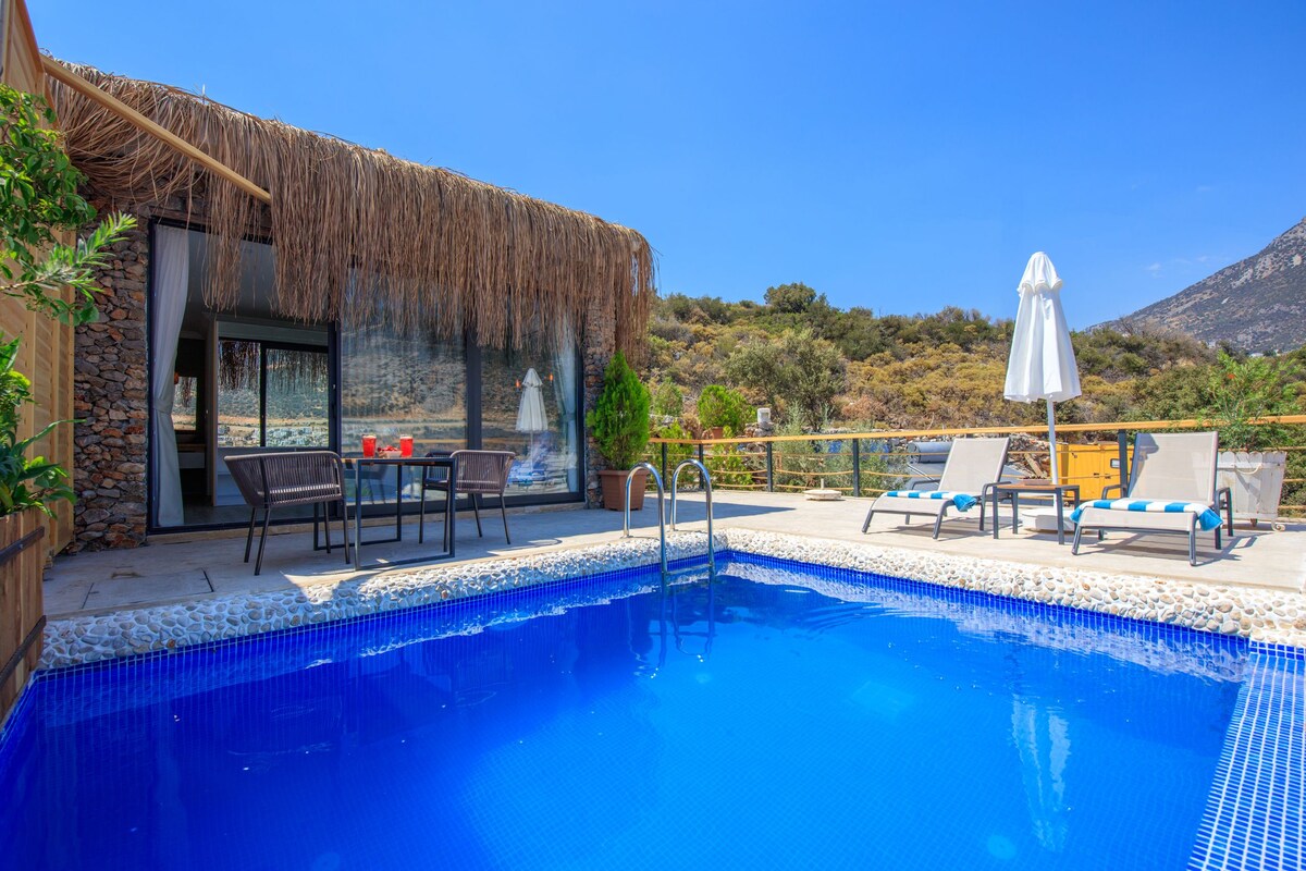 A pool area with lounge chairs, a table, and a thatched-roof building.