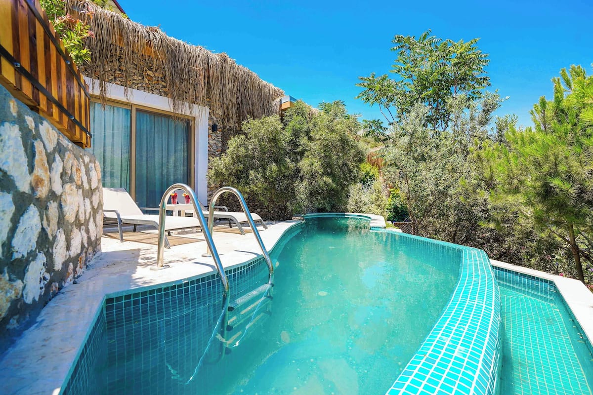 A swimming pool with a stone wall and a thatched roof structure.