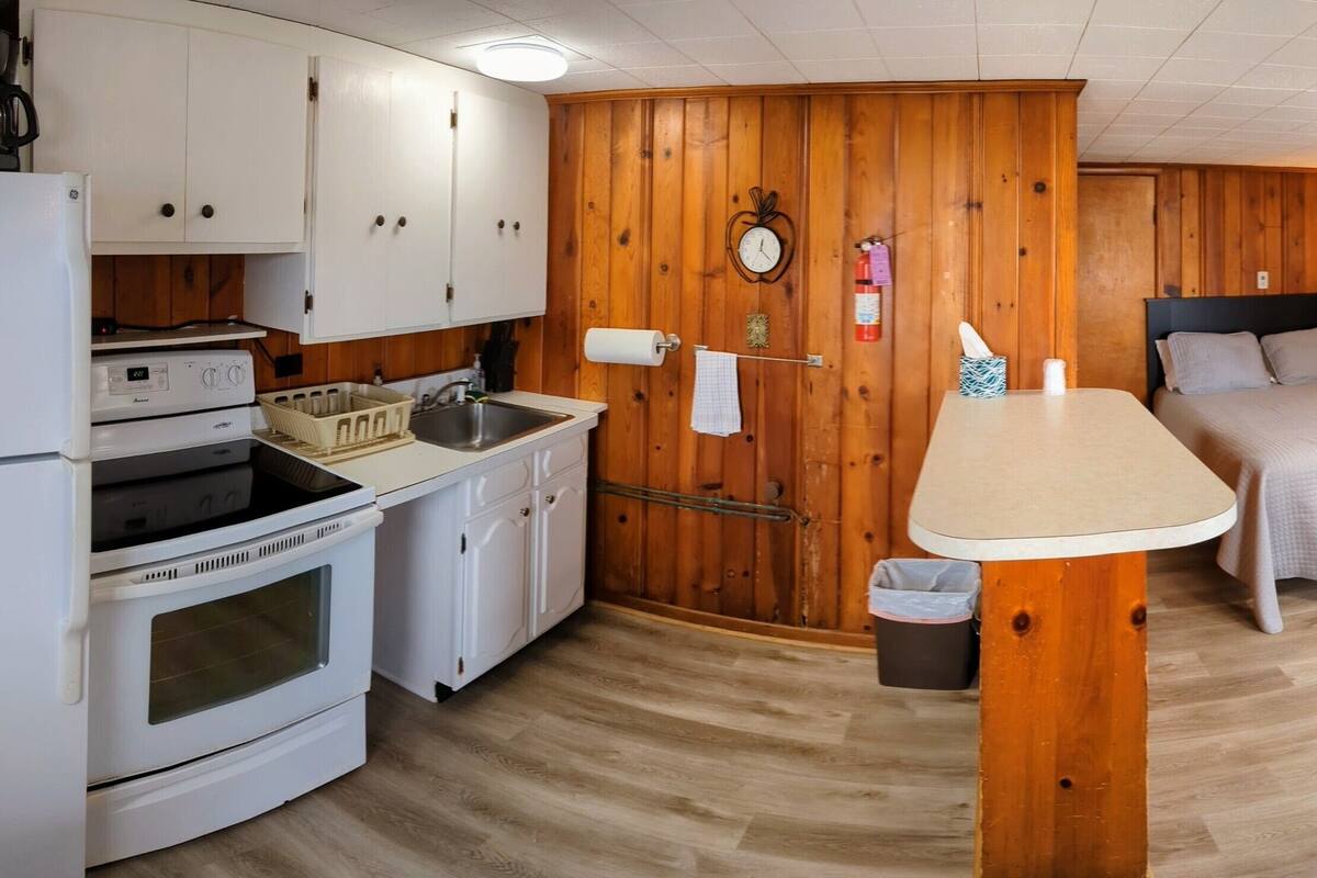 A compact room with a kitchenette, a bed, a sofa, and a small dining table.