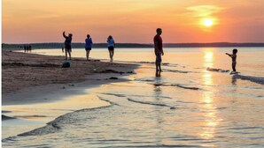 A beach scene with people walking along the shore during sunset. - Adorable oceanfront 2 bedroom cottage plus bunkhouse - 15 min to Charlottetown (York)