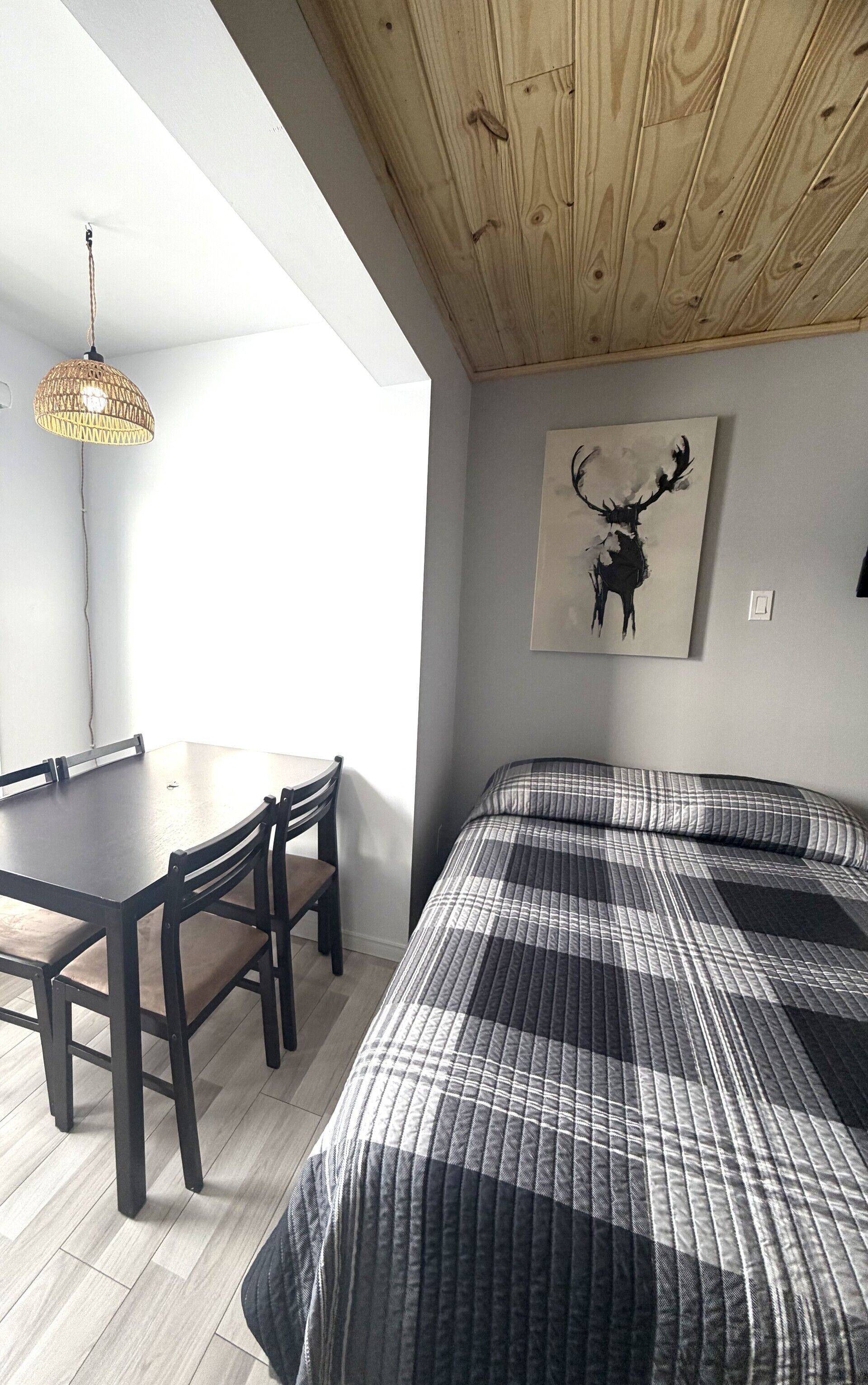 A bedroom with a bed, a dining table with chairs, a hanging light fixture, and a wall-mounted painting.
