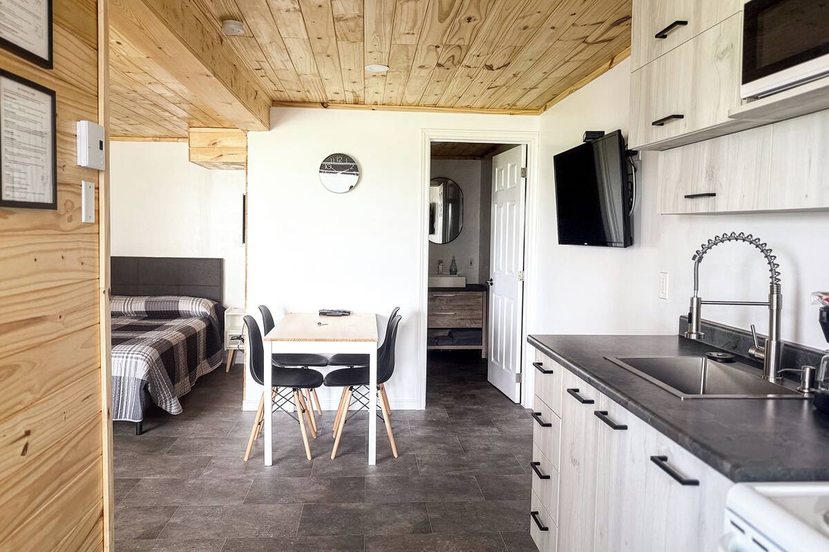 Cocina compacta con armarios de madera, un lavamanos y un microondas. Hay una zona de comedor con una mesa y sillas.