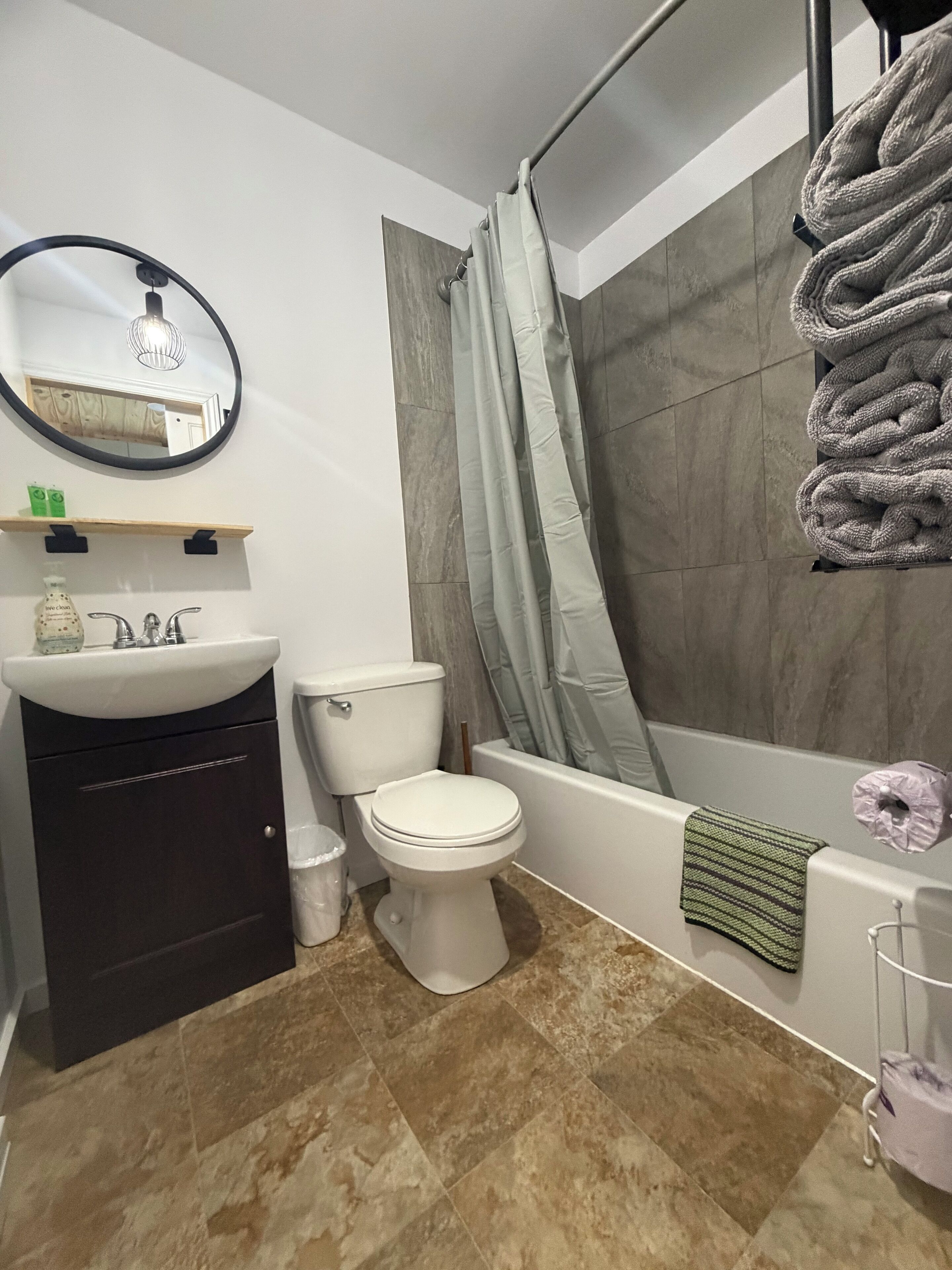 Une salle de bain comprenant des toilettes, un lavabo, un miroir et une douche.