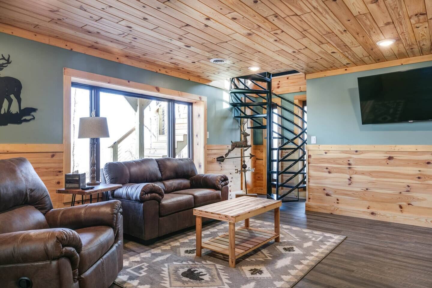 Télévision, cheminée, baby-foot, livres