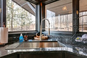 A kitchen with a granite countertop, a stainless steel sink, and a window overlooking a forest. - Cozy Mountain Cabin, dark skies, and great views! (West Branch Township)