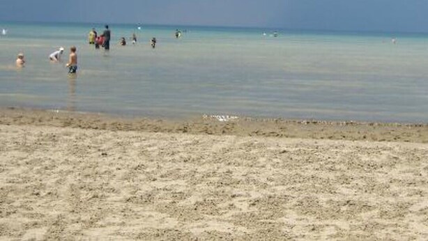 Ein Strand mit badenden und spazierenden Personen.