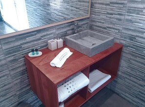 Shower, rainfall showerhead, designer toiletries, hair dryer