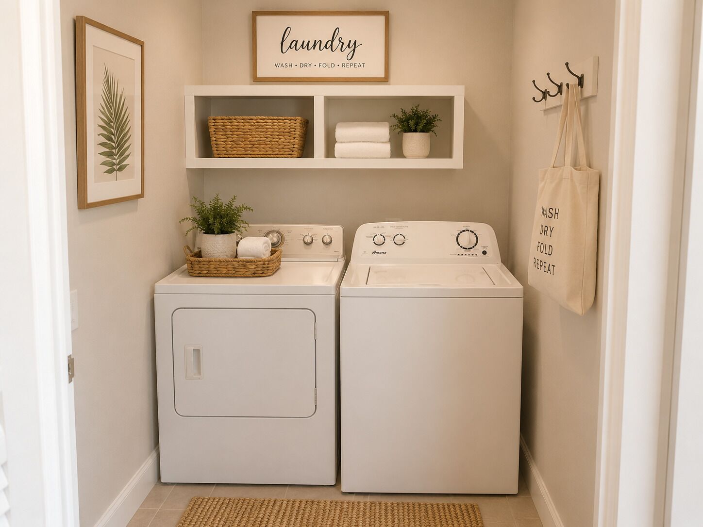 A laundry room with two white washing machines, a shelf with a plant and a basket, and a framed sign above.