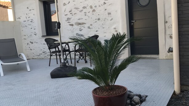 Eine Terrasse mit einem Blumentopf, Gartenmöbeln und einem grauen Sonnenschirm.