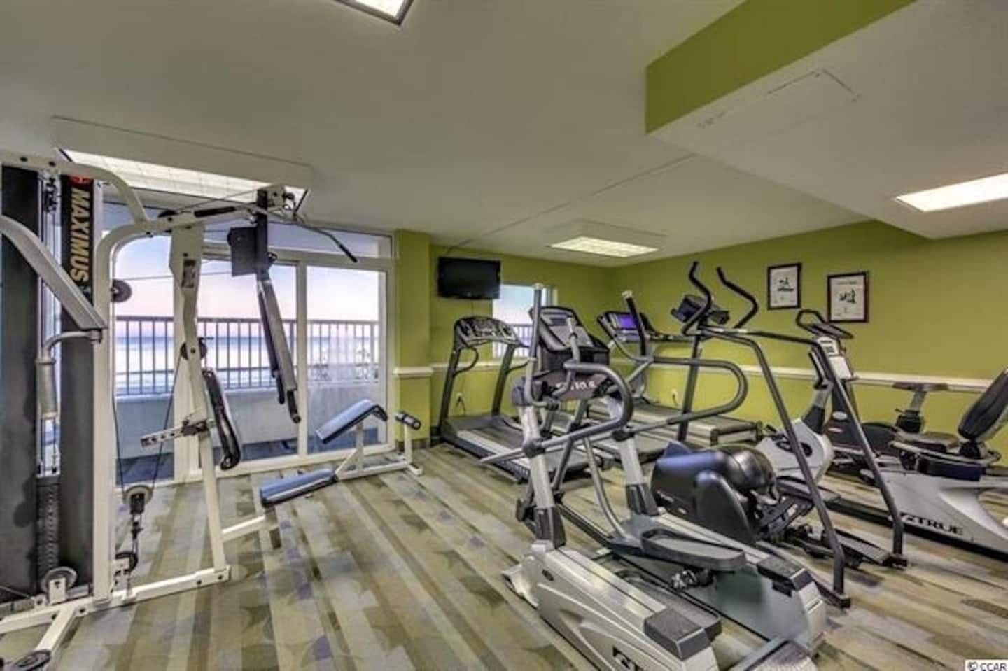 A gym with treadmills, elliptical machines, and a weight bench.