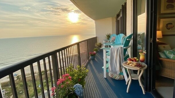 A balcony with a view of the sea at sunset, featuring a table with fruits and a drink, and two chairs.
