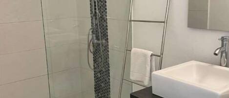 Shower, hair dryer, towels, soap