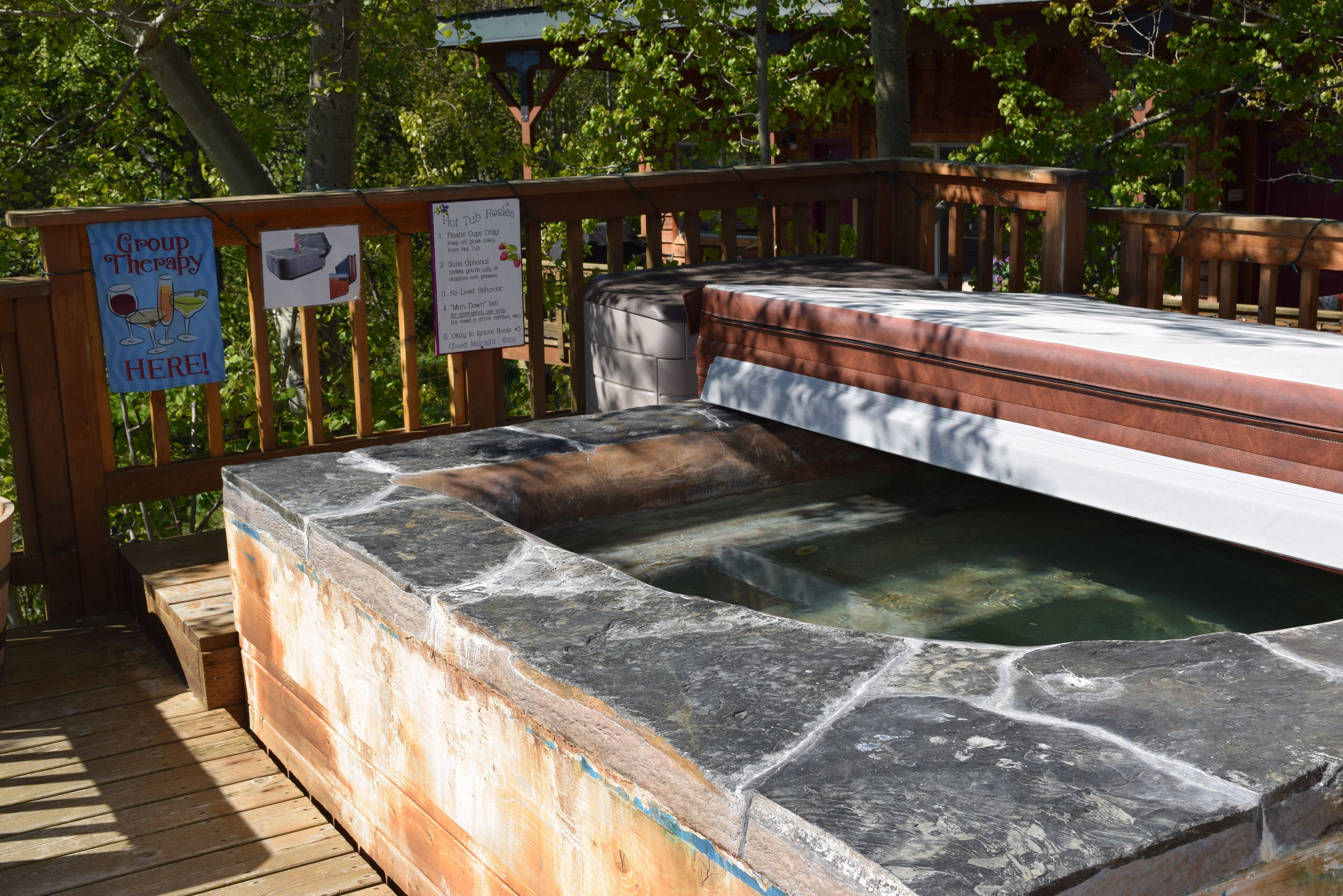 A hot tub area with a wooden deck and stone steps. There are signs indicating a group therapy area and a pet-friendly zone.