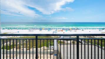 On the beach, sun-loungers, beach towels