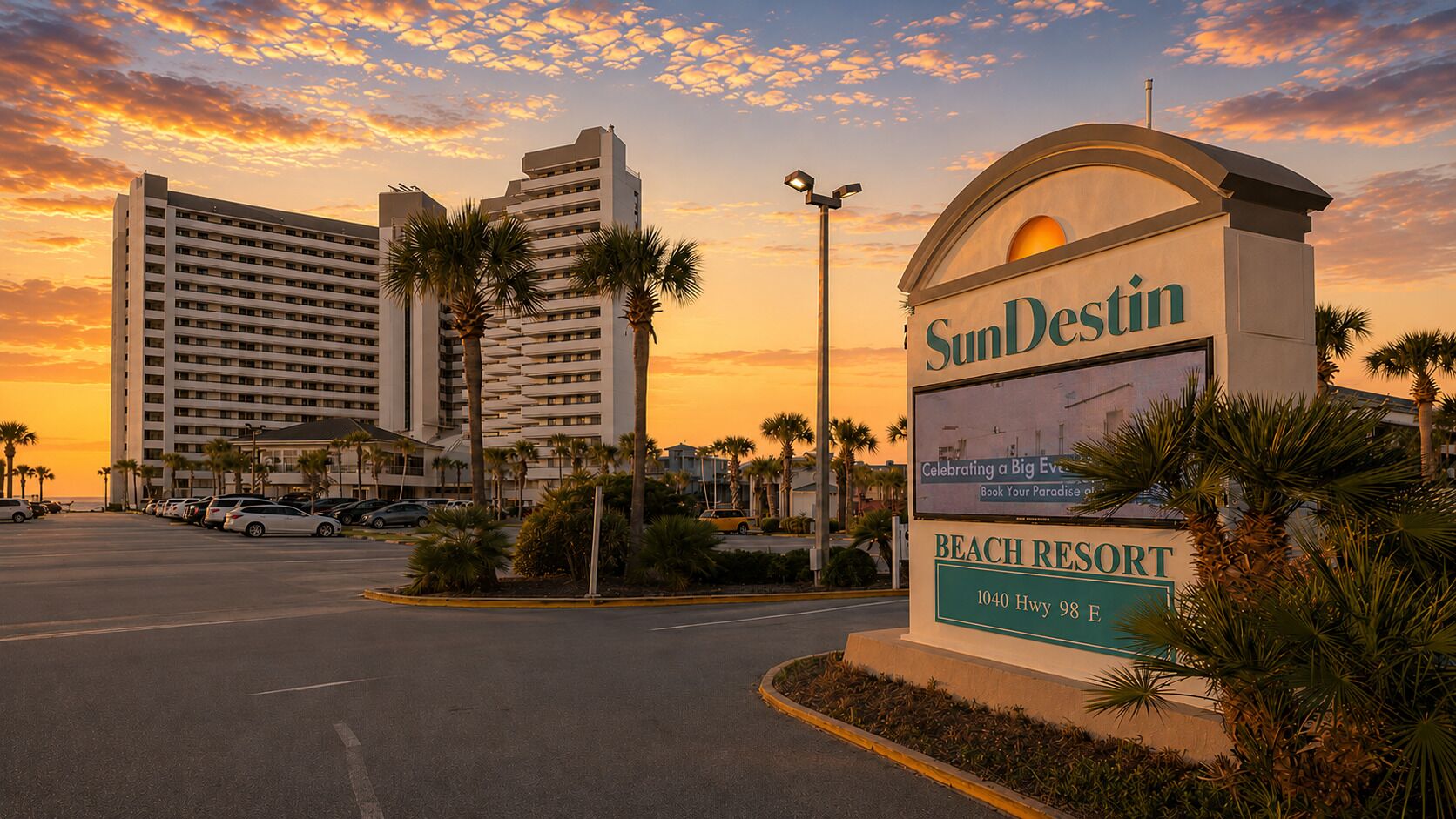 A hotel sign with the name 'SunDestin' and 'Beach Resort' indicating its location at 1040 Hwy 98 E.