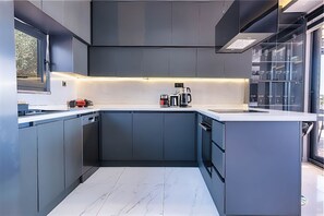 Full-size fridge, oven, stovetop, dishwasher