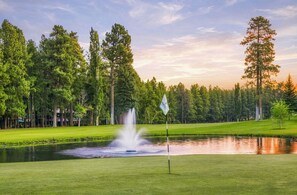 Een golfbaan met een vijver, bomen en een vlag.