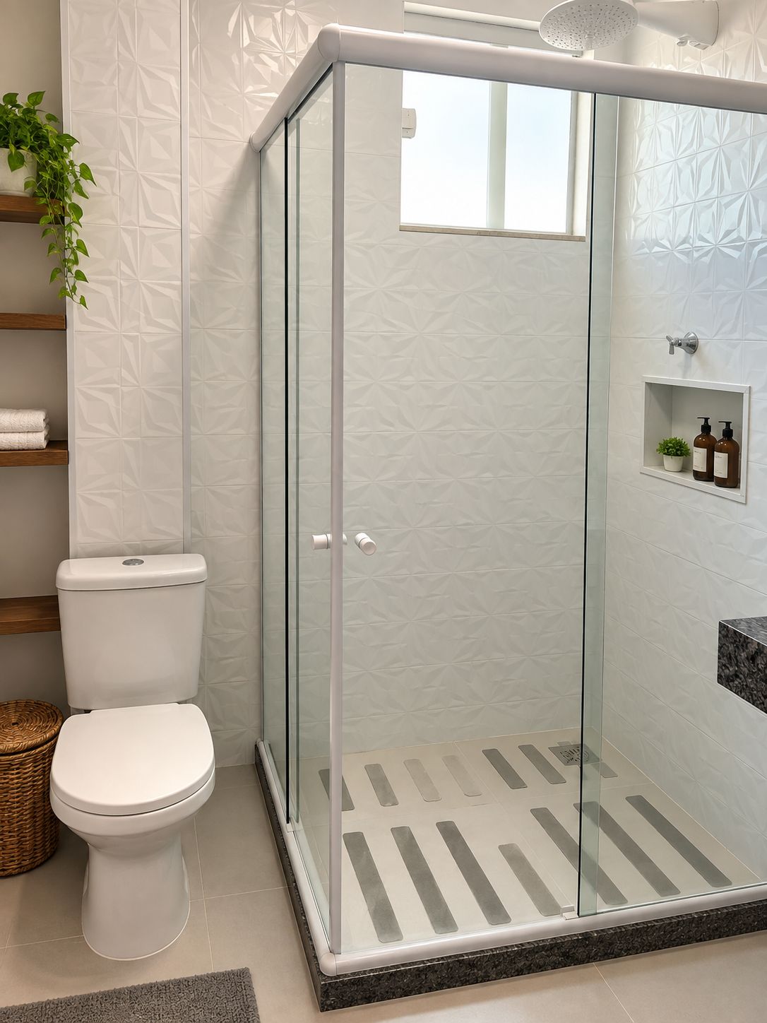 Un baño moderno con ducha de vidrio, inodoro y repisa con artículos de aseo.